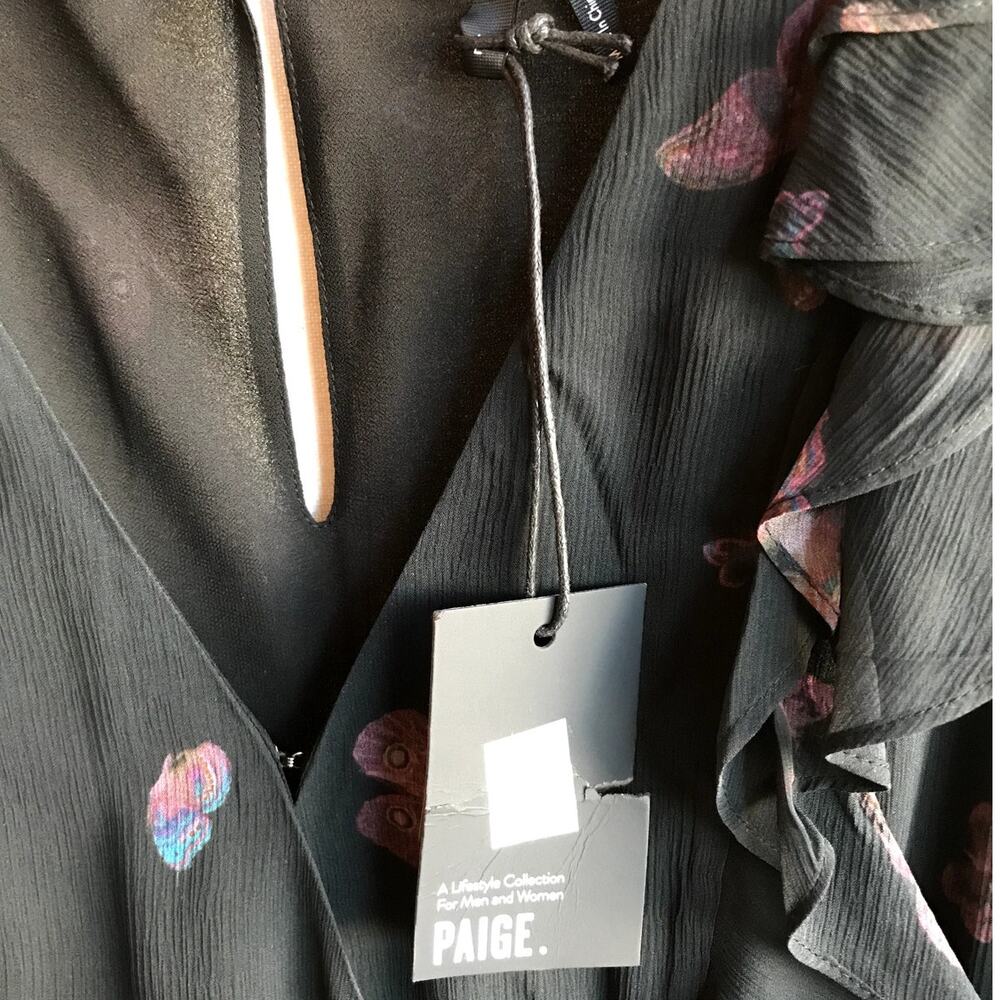 NWT Paige Black Butterfly Print Silk "Basil" Dress with Drawstring Waist size L - Picture 9 of 9